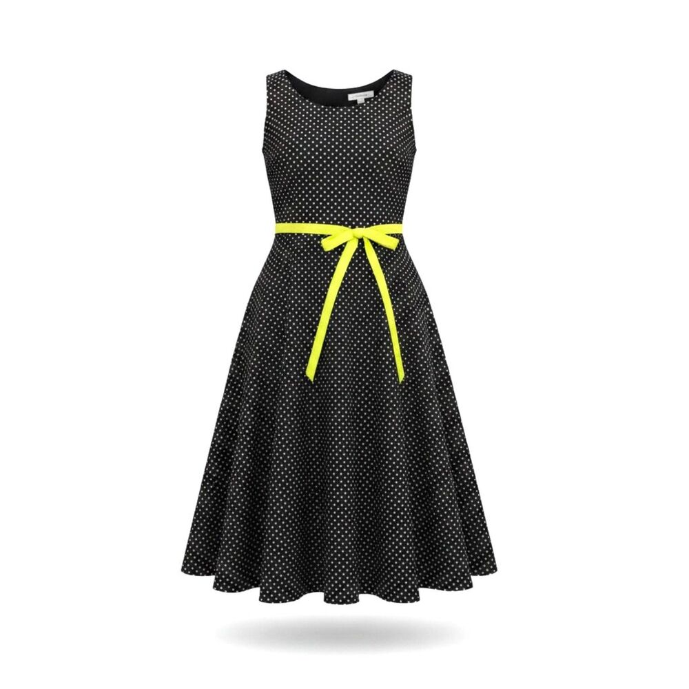 Coldwater Creek Black White Polka Dot Fit & Flare Dress Size 8 Lime Green Belt